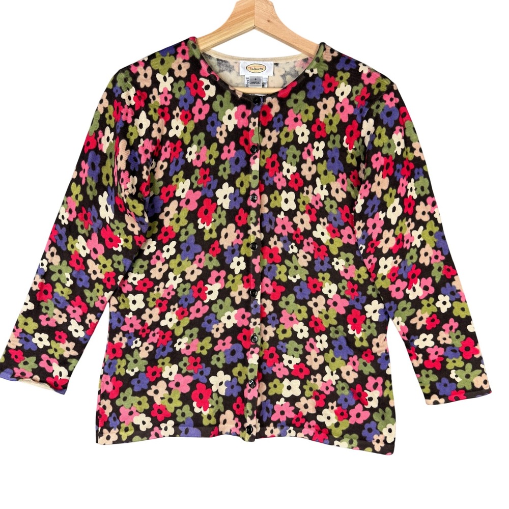 Talbots Floral Print Cardigan Sweater Small Multicolor Cotton Blend 3/4 Sleeve